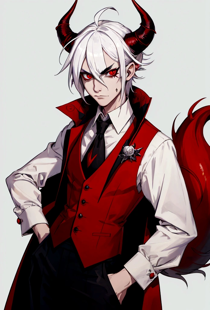 (masterpiece), best quality, expressive eyes, perfect face ,male focus, 1boy, solo, Red skin, white hair, tail, tall, imp, horns, red eye right eye, slacks, collars shirt, waistcoat, black sclera left eye dollar sign. helluva boss, Vivziepop style,