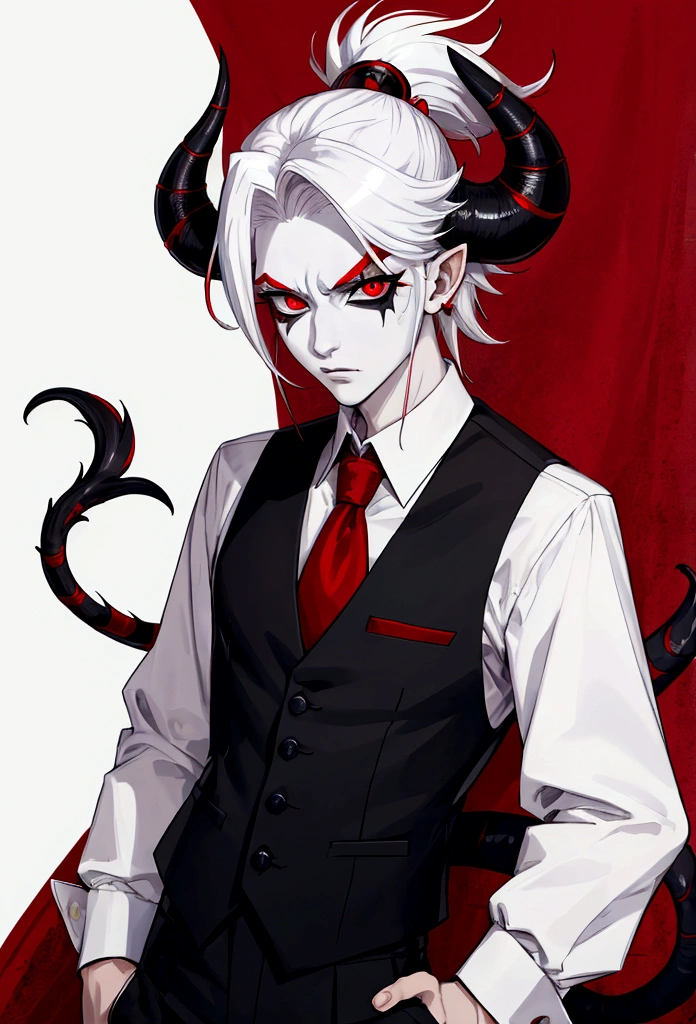 (masterpiece), best quality, expressive eyes, perfect face ,male focus, 1boy, solo, Red skin, white hair, tail, tall, imp, horns, red eye right eye, slacks, collars shirt, waistcoat, black sclera left eye dollar sign. helluva boss, Vivziepop style,
