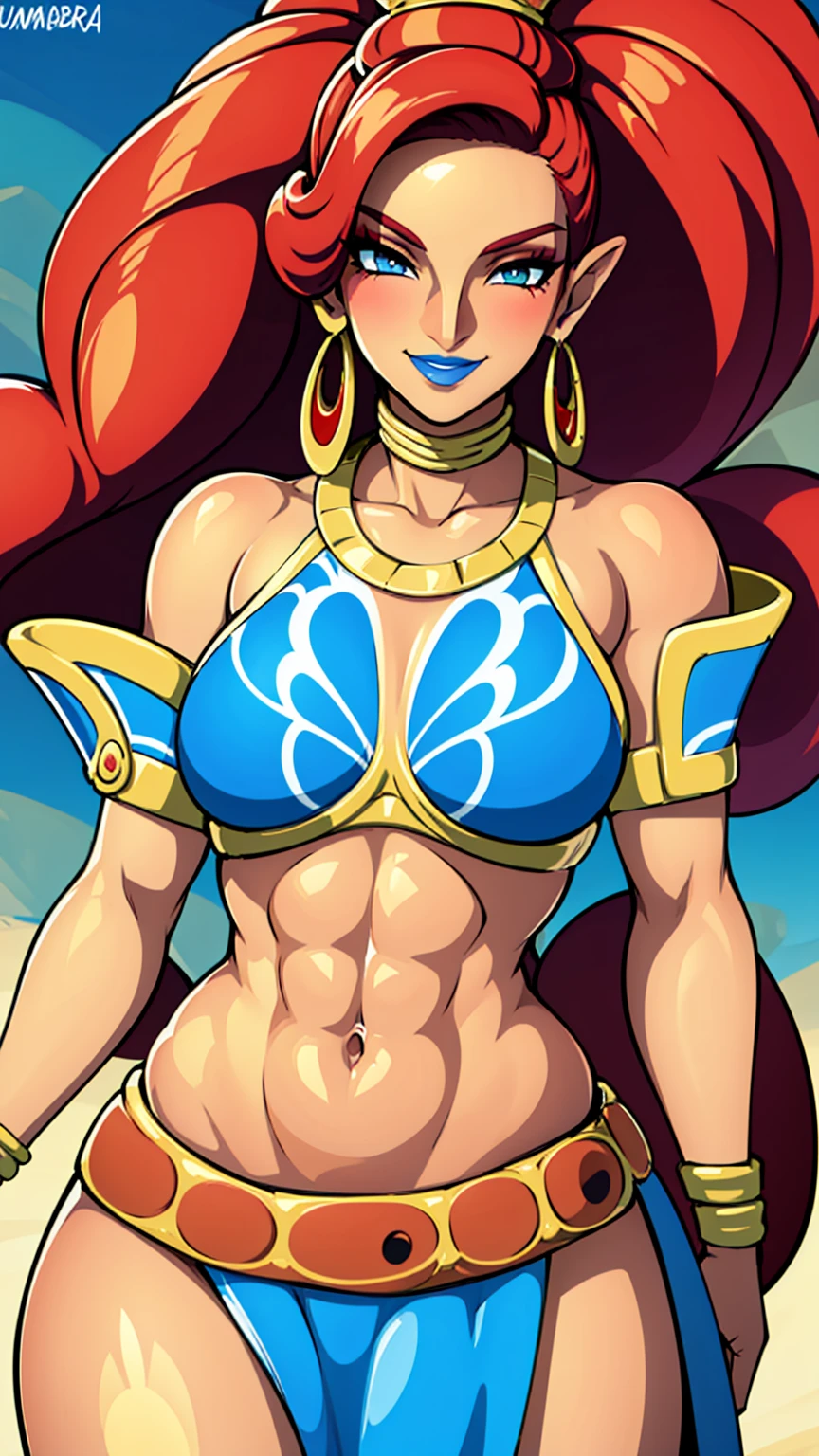 best quality, high resolution, large breasts, red hair, blush, smile, cowboy shot, looking at viewer, Urbosa, blue lip,