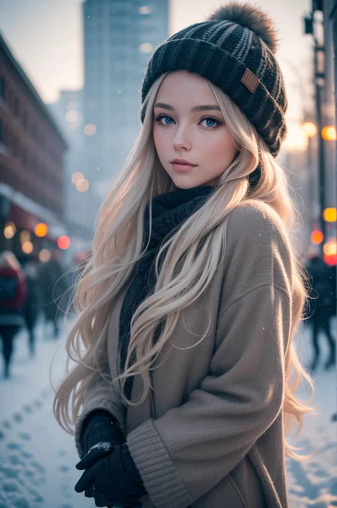 professional photography of a beautiful norwegian girl in winter clothes with long wavy blonde hair, sensual and seductive look, beautiful symmetrical face, beautiful natural makeup, wearing chic warm winter fashion clothing, ((standing outside on the snowy city street)), impressive modern urban environment, ultra realistic, conceptual artwork, chic, highy detailed, intricate, sharp focus, Depth of field, f/1. 8, 85 mm, medium shot, mid shot, (((professional color grading))), soft and bright diffused light, (Volumetric fog), Trends on Instagram, HD 4k, 8K