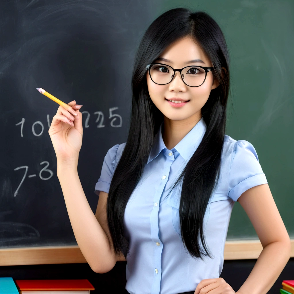 A lovely vietnamese woman (age 25, glasses, cute face, black eyes, black hair shoulder length, slutty teachers outfit no underwear), in front of chalkboard