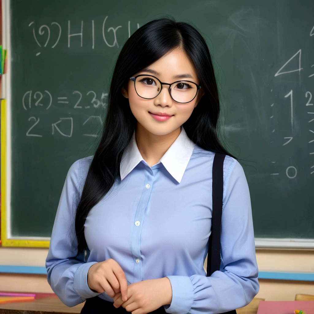A lovely vietnamese woman (age 25, glasses, cute face, black eyes, black hair shoulder length, slutty teachers outfit no underwear), in front of chalkboard