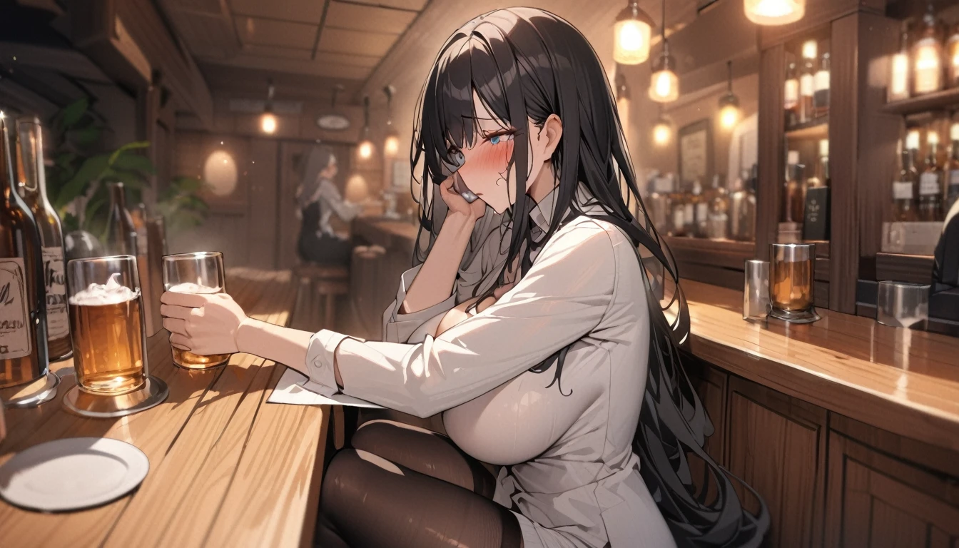 (best quality, 4K, high resolution, masterpiece:1.2, Extremely detailed），Large Breasts,30 years old girl,独奏,black hair,long hair,blue eyes,sad,tears,(drunk,blush),sitting,drinking,((Mature sexy body))，Black stockings,holding mug,counter,pub,