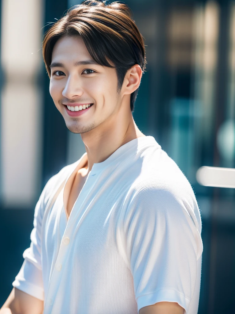 high resolution,4K,Charm、Realistic、Clean and refreshing、Japanese、Vibrant urban background、The charming smile of a cool man in his 20s。Define your face from the shoulders up。With confidence and flexibility、It has an eye-catching appeal。