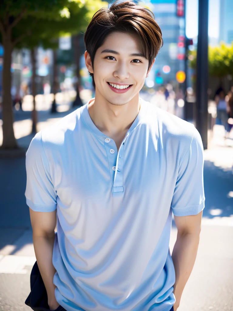 high resolution,4K,Charm、Realistic、Clean and refreshing、Japanese、Vibrant urban background、The charming smile of a cool man in his 20s。Define your face from the shoulders up。With confidence and flexibility、It has an eye-catching appeal。