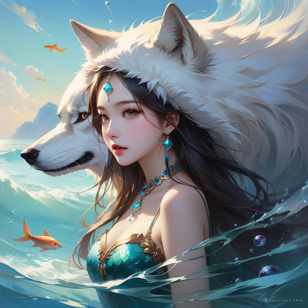 Wolf,Wolf cloak,Luan Jia,Pino Daeni,Dark Gem, (Detailed face), (Fluffy fur with attention to detail)mermaid、Swimming in the ocean
