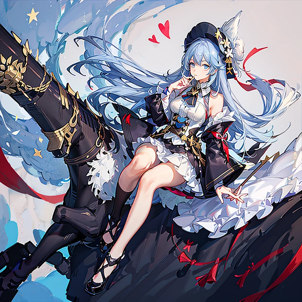 1girl、Dynamic composition、marching band、(((Masterpiece、Highest quality、Official Art、Super detailed、Handsome face、Dynamic composition)))、Anime Style、(Milky white and blue hair:1.3),(blue eyes:1.4),(Bright colors:1.4),((Asanoha background:1.3)),, marching bandのユニフォームを着たクールな女の子, marching band hat、mini skirt, Frills, Black and white with gold embroidered flag held in both hands,(background:Large red flag on the back with gold floral embroidery, Note, )、euphonium、Huge Flag、X composition