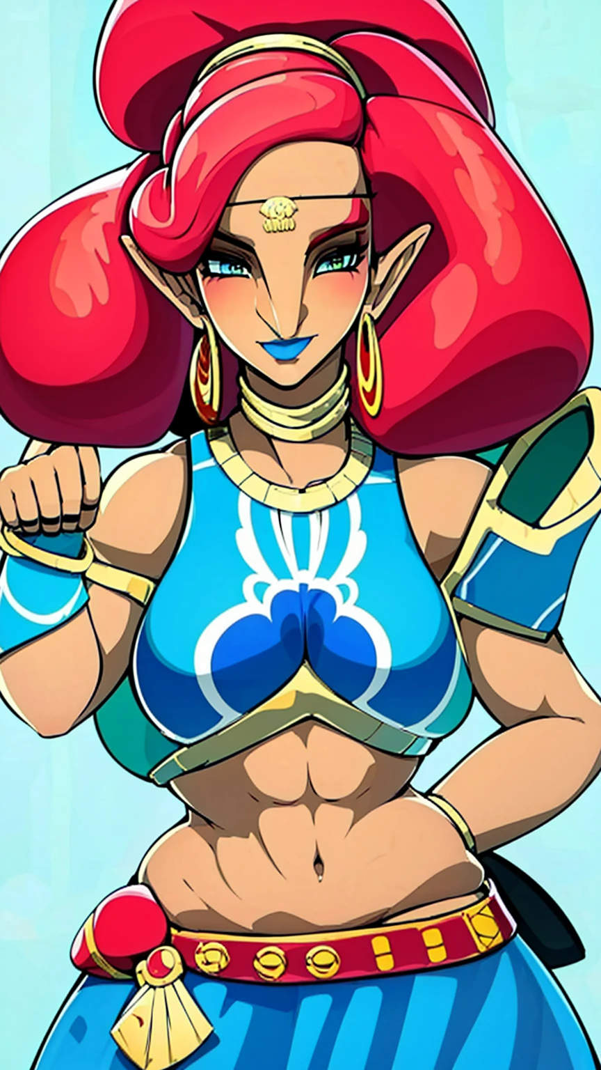 best quality, high resolution, large breasts, red hair, blush, smile, cowboy shot, looking at viewer, Urbosa, blue lip,