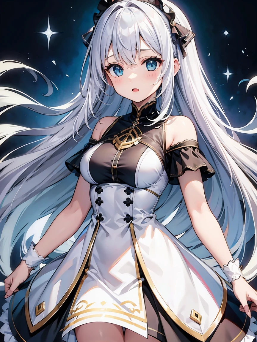 masterpiece、high quality、1 girl、Long silver hair、Emerald Eyes、White Dress＆Black Dress、Off the shoulder、Cute Girls