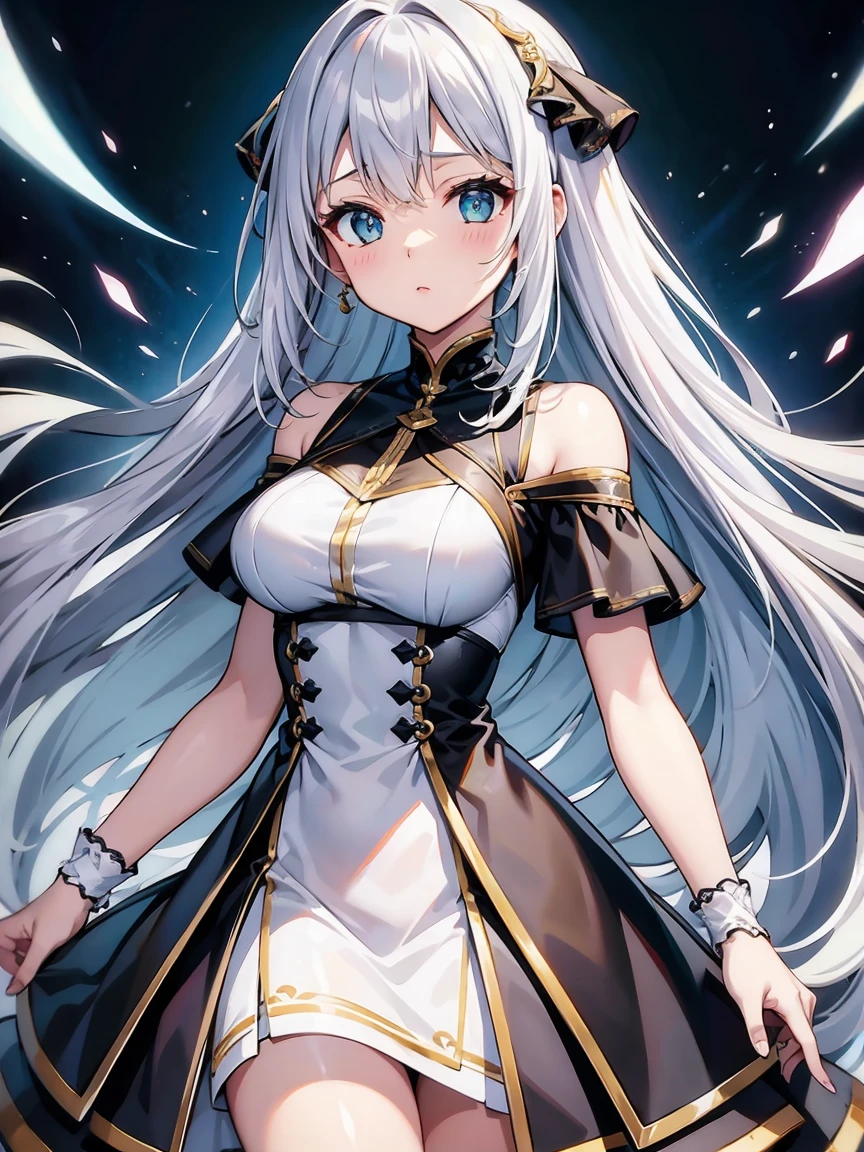masterpiece、high quality、1 girl、Long silver hair、Emerald Eyes、White Dress&Black Dress、Off the shoulder、Cute Girls