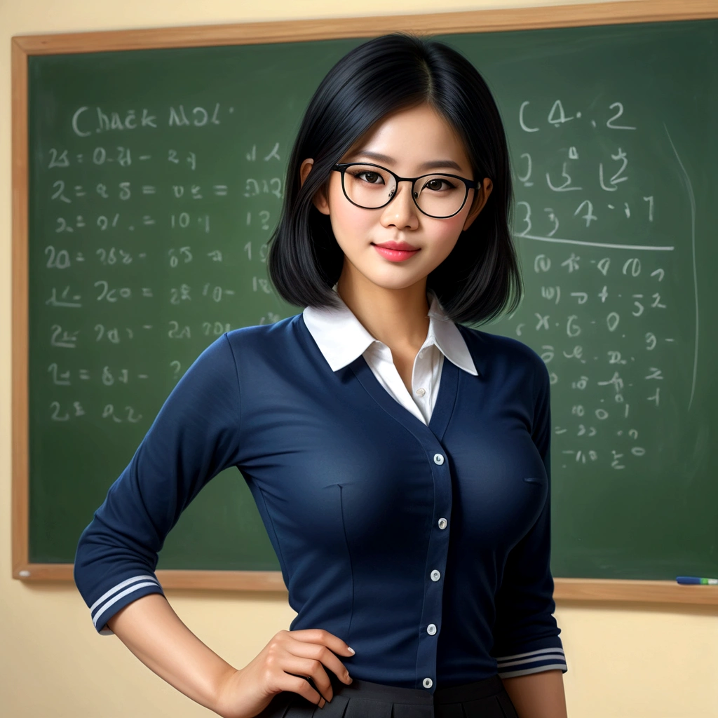 a lovely vietnamese woman, 25 years old, wearing glasses, cute face, black eyes, black shoulder length hair, slutty teachers outfit without underwear, in front of chalkboard, realistic, photorealistic, masterpiece, 8k, best quality, extremely detailed, ultra-fine painting, physically-based rendering, professional, vivid colors, studio lighting