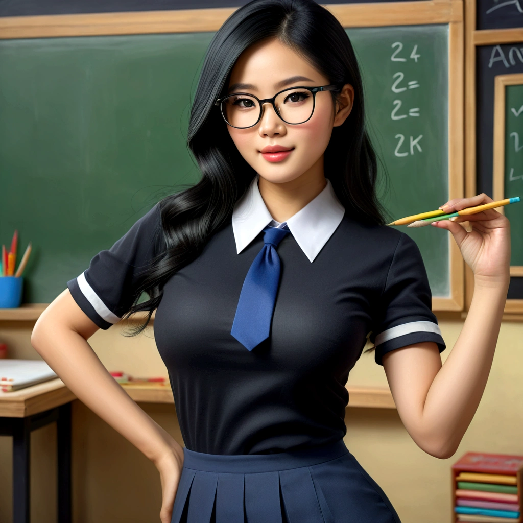 a lovely vietnamese woman, 25 years old, wearing glasses, cute face, black eyes, black shoulder length hair, slutty teachers outfit without underwear, in front of chalkboard, realistic, photorealistic, masterpiece, 8k, best quality, extremely detailed, ultra-fine painting, physically-based rendering, professional, vivid colors, studio lighting