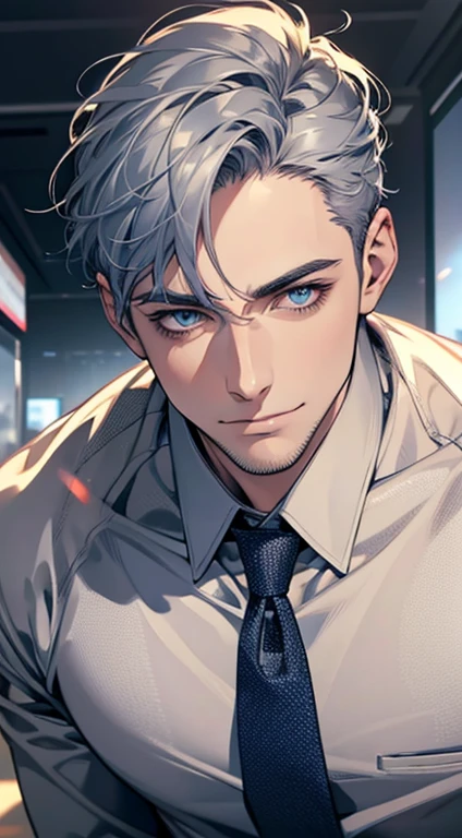 (best quality,4k,8k,highres,masterpiece:1.2),ultra-detailed,(realistic,photorealistic,photo-realistic:1.37),1 man,31 years old,mature man,very handsome,without expression,smile,short grey blue hair,blue eyes,penetrating gaze,perfect face without errors,imposing posture,businessman,office background,cinematic lighting,hdr image