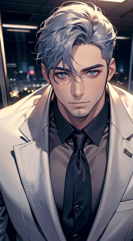 (best quality,4k,8k,highres,masterpiece:1.2),ultra-detailed,(realistic,photorealistic,photo-realistic:1.37),1 man,31 years old,mature man,very handsome,without expression,smile,short grey blue hair,blue eyes,penetrating gaze,perfect face without errors,imposing posture,businessman,office background,cinematic lighting,hdr image