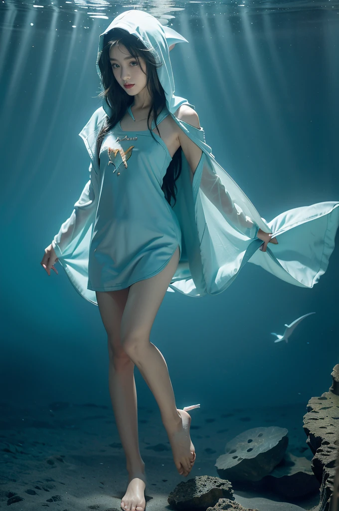 (((best quality))),(((ultra detailed))),(((masterpiece))),illustration,(1 beautiful girl,shark girl,solo),((slim,thin,small breasts,flat chest)),aquarium,summer night,(sleek sharkhead-hooded shirt-dress:1.3),shimmering hues,enchanting aura,(shoulder length straight bob hair:1.2),ocean-blue locks,shiny seaweed,porcelain skin,neon lights,emerald eyes,sharp gaze,delicate shark fin,translucent membrane,dancing fish,vibrant colors,undulating water,salty scent,distant waves,coral reef,gentle shadows,serene ambiance,electric atmosphere,Alezandra,oceanic magic,allure,enchantment,vision,extraordinary presence,((from front,full body))