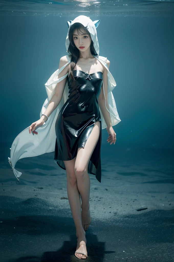 (((best quality))),(((ultra detailed))),(((masterpiece))),illustration,(1 beautiful girl,shark girl,solo),((slim,thin,small breasts,flat chest)),aquarium,summer night,(sleek sharkhead-hooded shirt-dress:1.3),shimmering hues,enchanting aura,(shoulder length straight bob hair:1.2),ocean-blue locks,shiny seaweed,porcelain skin,neon lights,emerald eyes,sharp gaze,delicate shark fin,translucent membrane,dancing fish,vibrant colors,undulating water,salty scent,distant waves,coral reef,gentle shadows,serene ambiance,electric atmosphere,Alezandra,oceanic magic,allure,enchantment,vision,extraordinary presence,((from front,full body))