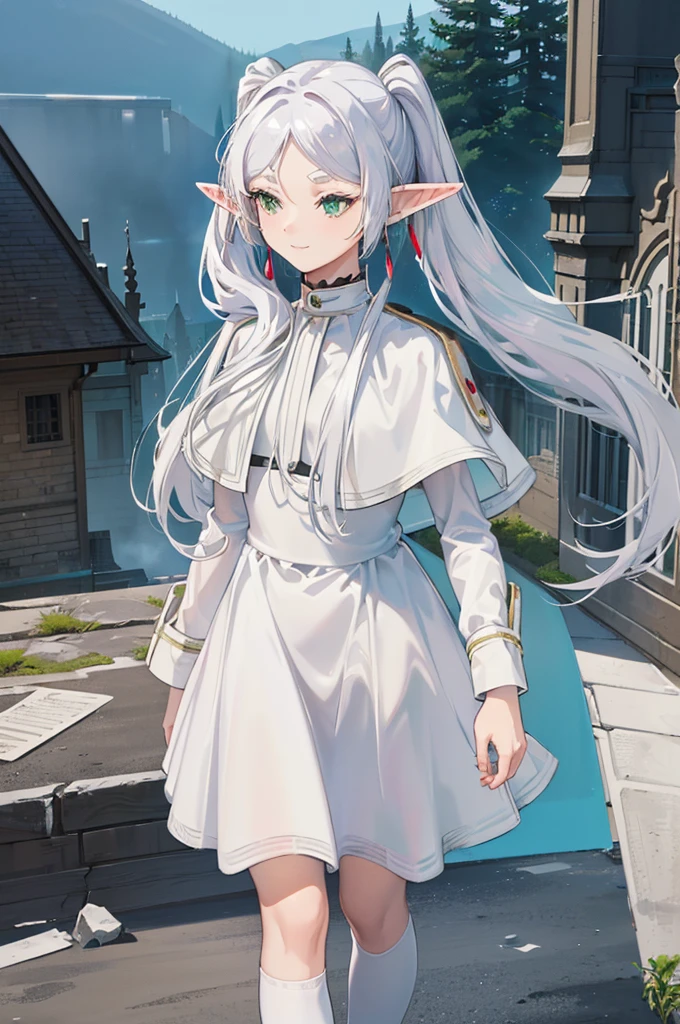 ((freeze)), ((masterpiece)), (highly saturated), (High Resolution:1.3), (professional photography:1.2), (cinematic lighting), 1 girl, alone, (Flat body), (smile), walking, Nice, elf, pointy ears, white hair, (long twin tails), green eyes, White dress, white cape, ((white aura, which emanates from her)), Magik, Magik circle, (crumbling ruins), cityscape