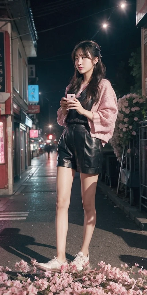 Beautiful woman, street at night with lights, fiddling with smartphone, hot pants, fragrant pink flowers, passers-by, gradation of night scene, fine details, subtle tones, tranquility floating on the screen.  