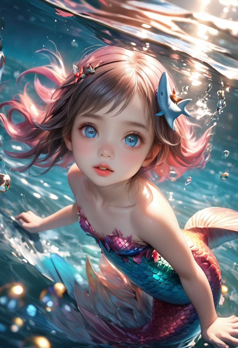 A curious young shark-mermaid (Shark Girl), cute, pretty, playful, dangerous, cute shark hair ornament, detailed face, detailed eyes, detailed lips, detailed mermaid body, emerging from the sea onto the shore, full of wonder and excitement, extremely detailed, digital art, realistic, cinematic lighting, vibrant colors, dynamic composition, 8k, highres, photorealistic, masterpiece, ultra-realistic, photorealistic:1.37, HDR, UHD, studio lighting, ultra-fine painting, sharp focus, physically-based rendering, extreme detail description, professional, vivid colors, bokeh