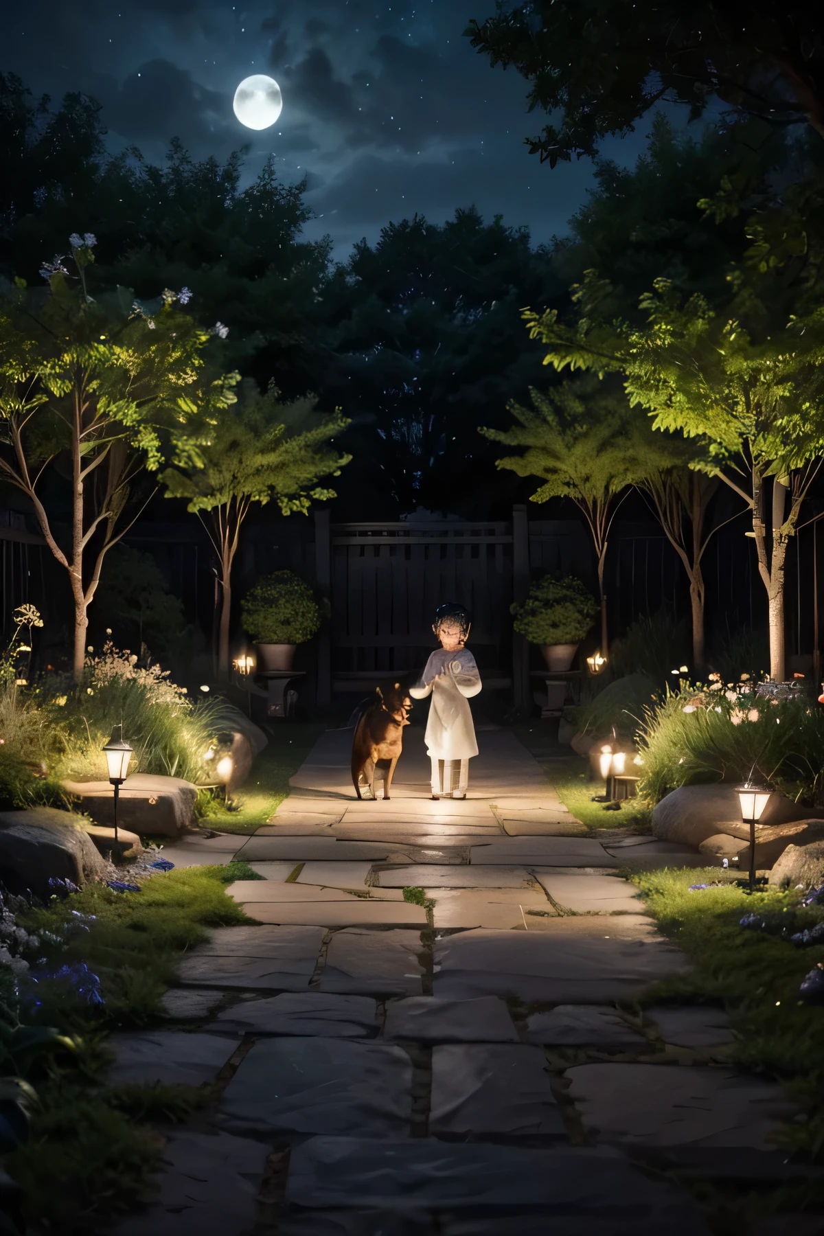 To create a cinematic style image where a dog and an alien play happily in a lush garden at night, with advanced details, let's imagine the scene as follows:
**supper: Lush garden at night**
1. **General Environment:**
- The garden is vast and lush, with lush green, manicured lawns.
- In the background, we see a big leafy tree, whose leaves filter the dim moonlight, creating shadow patterns on the ground.
- The night sky is clear and starry, with visible constellations and the Milky Way standing out in soft shades of dark blue and purple.
2. **garden details:**
- Vibrant flowers of all colors are scattered throughout the garden: red roses, white lilies, yellow daisies and blue violets, creating a vivid contrast with the dark green of the leaves.
- Japanese lanterns softly illuminate the stone path that winds through the garden, adding a touch of mystery and magic to the environment.
3. **Personagens:**
- **Puppy:**
- A young and playful golden retriever, with shiny golden fur and eyes full of curiosity. He has his tongue out, showing happiness while running around the flowers.
- **extraterrestrial:**
- A small and luminous being, with a soft aura that emits a bluish light. Its body is covered in iridescent silver skin., with big black eyes that shine softly. He smiles curiously at the dog, making soft sounds that indicate friendly communication.
4. **Lighting and Atmosphere:**
- The main lighting comes from the full moon, that casts a soft light over the garden, highlighting the details of flowers and tree shapes.
- Little firefly lights float around, adding a magical glow to the scene as the characters play.
5. **Expression of Movement and Emotion:**
- The dog runs in circles around the alien, sometimes stopping to smell a flower or look curiously at