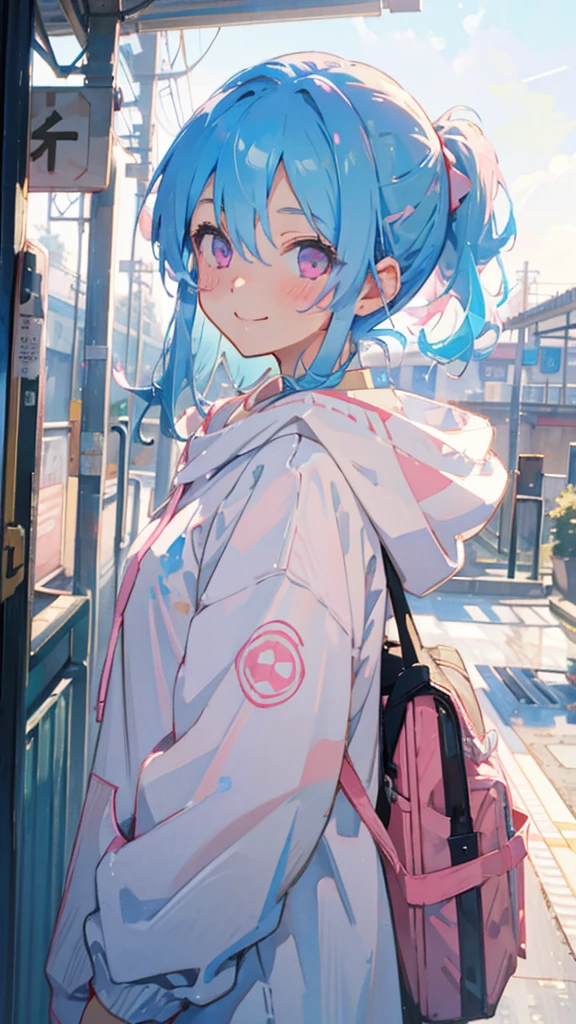 1 Girl、Anime style painting、Light blue hair、Pink Eyes、smile、blush、Small breasts、From the side、A lot of acorns、smile、Upper body close-up、From the side、Wearing a white hoodie、Railway station background