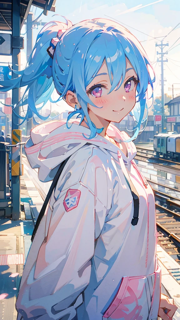 1 Girl、Anime style painting、Light blue hair、Pink Eyes、smile、blush、Small breasts、From the side、A lot of acorns、smile、Upper body close-up、From the side、Wearing a white hoodie、Railway station background