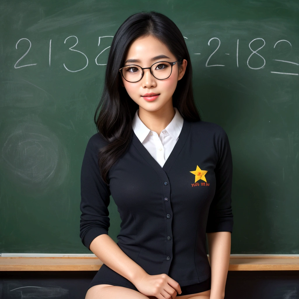 a lovely vietnamese woman, 25 years old, wearing glasses, cute face, black eyes, black shoulder length hair, slutty teachers outfit without underwear, in front of chalkboard, realistic, photorealistic, masterpiece, 8k, best quality, extremely detailed, ultra-fine painting, physically-based rendering, professional, vivid colors, studio lighting