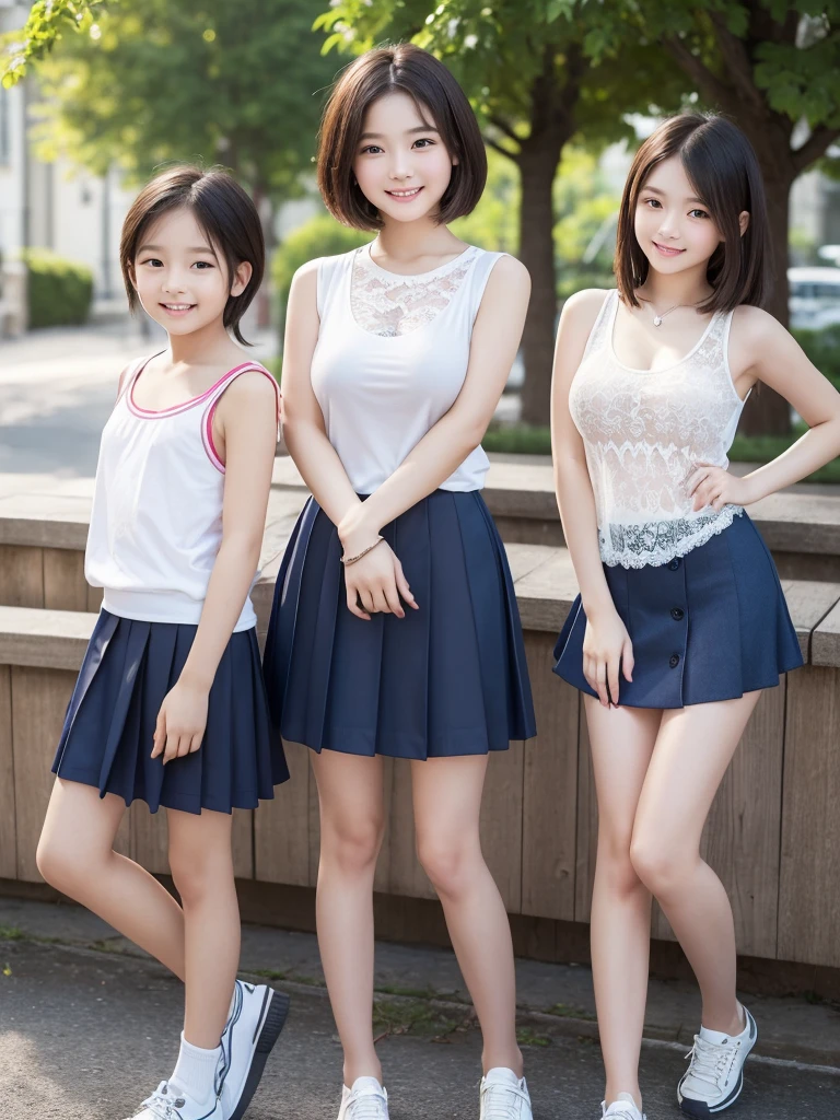 Highest quality、masterpiece、8K、Very detailed、Realistic、(Young face:1.2)、(Looks like an elementary school kid:1.2)、3 people、Looking at me with a smile、whole body、(Big Breasts)、Thin and beautiful legs、Tight and slim waist、Lace, see-through, tight sleeveless shirt、(Micro Skirt)、Short Hair、(Erect nipples)