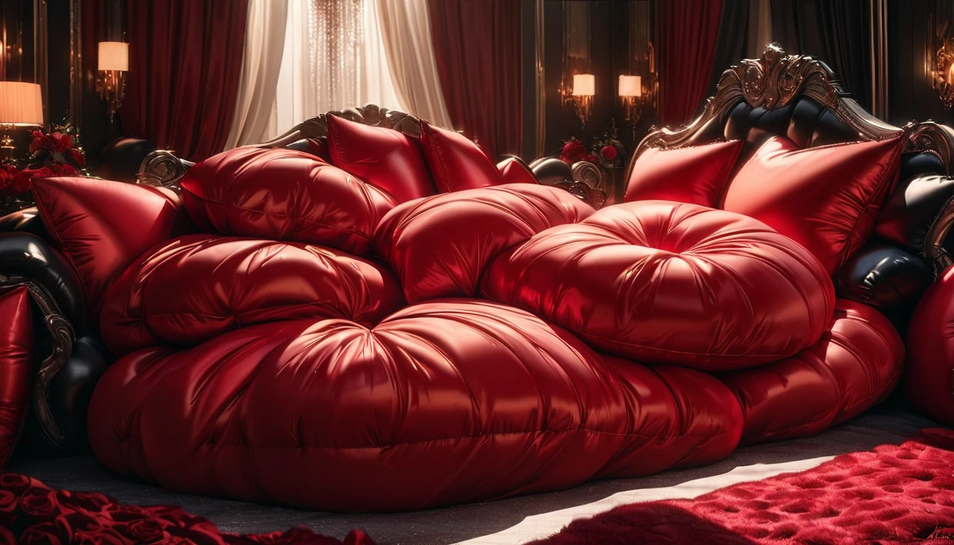A fluffy red silk feather duvet, many huge silk body pillows, a luxurious and fluffy red silk bed, red silk sheets, 8k, best quality, high detailed, photorealistic, dramatic lighting, warm tones, luxurious, soft, plush, velvet, satin, velvety textures, elegant, sophisticated, premium, lavish, opulent, sumptuous, indulgent, exquisite, refined, lush,