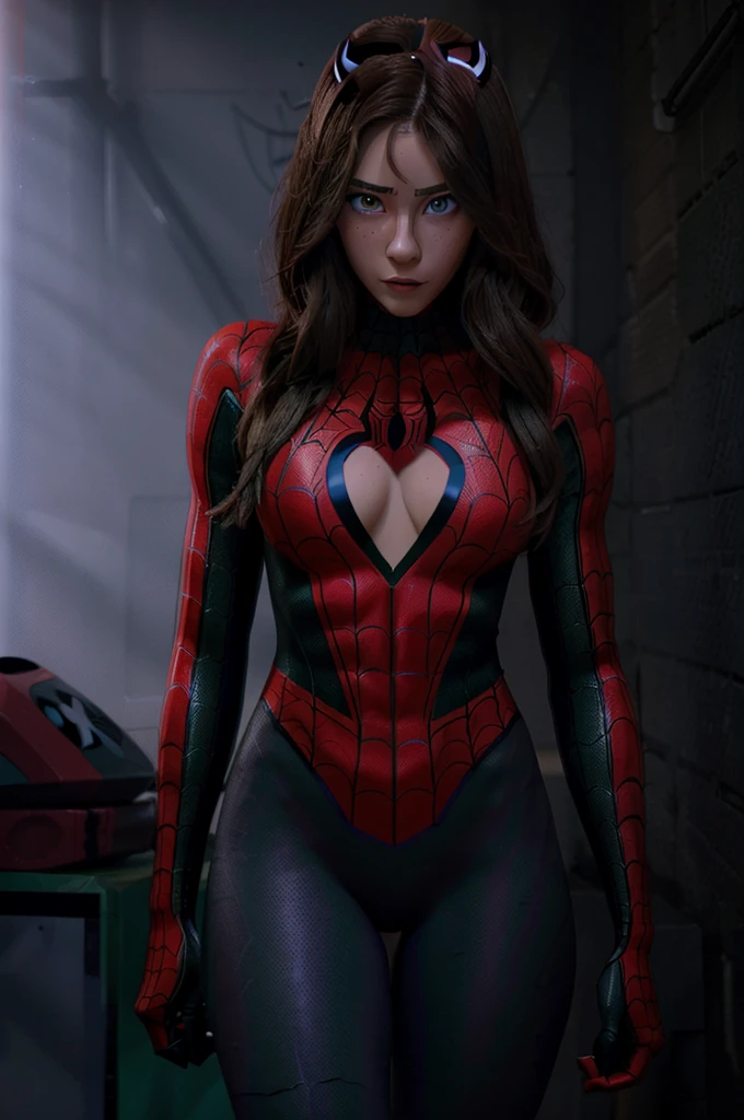 a  gir look,l with long dark brown hair, she has green eyes, almond shaped eyes but slightly doe-shaped, heart-shaped lips and plump, she has a csinuous hips only hips, , she is beautiful, she has an oval round face, she has two moles on the corner of the mouth, light medium skin, ((spiderwoman black costume cosplay)), cosplay spiderman, clothes, she wearing a costume of spiderwoman, spiderverse she wearing complete suits of spiderwoman, cosplay of spiderwoman complete, no naked ((no naked)) (no nude), with garets ((light green eyes)), black costume and dark red, medium legs