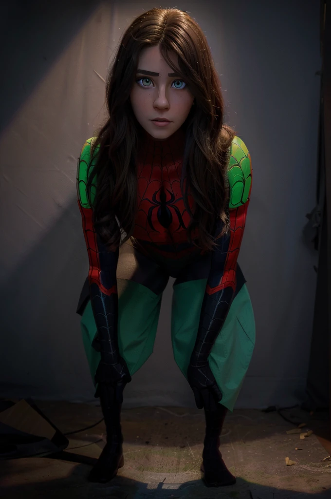 a  gir look,l with long dark brown hair, she has green eyes, almond shaped eyes but slightly doe-shaped, heart-shaped lips and plump, she has a csinuous hips only hips, , she is beautiful, she has an oval round face, she has two moles on the corner of the mouth, light medium skin, ((spiderwoman black costume cosplay)), cosplay spiderman, clothes, she wearing a costume of spiderwoman, spiderverse she wearing complete suits of spiderwoman, cosplay of spiderwoman complete, no naked ((no naked)) (no nude), with garets ((light green eyes)), black costume and dark red, medium legs