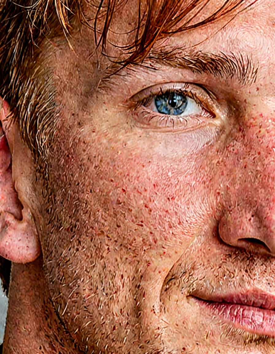 a selfie of a man, has an angular face with a strong, well-defined jawline. His skin is fair, with freckles scattered across his nose and cheeks, typical of someone with (((red hair))). His hair is a vibrant ((red)), slightly wavy and thick, cut short on the sides and a bit longer on top, where he usually styles it back or to the side. His eyebrows are thick and a darker shade of red, well-aligned and arched. His eyes are blue, with a deep and captivating hue, almond-shaped, surrounded by short, light-colored eyelashes. His gaze is penetrating and confident. His nose is straight and proportionate to his face, with a slightly elevated bridge. His lips are medium-sized, with a defined contour and a natural rosy color. When he smiles, he reveals white, well-aligned teeth, and a smile that conveys warmth and friendliness. His ears are medium-sized, slightly set away from his head, with small, discreet lobes. His skin has a smooth texture but is sensitive, prone to redness and sunburn. He usually maintains a short, well-groomed beard, the same red color as his hair, which further highlights the freckles on his face. In terms of clothing, he prefers a casual style, often wearing flannel shirts, jeans, and boots, which match his rugged and practical appearance. A thin, discreet scar crosses his left cheek, adding a touch of history and mystery to his appearance. He generally uses little or no makeup but takes good care of his skin with moisturizing products to prevent dryness