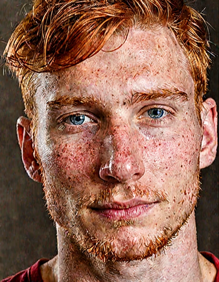 a selfie of a man, has an angular face with a strong, well-defined jawline. His skin is fair, with freckles scattered across his nose and cheeks, typical of someone with (((red hair))). His hair is a vibrant ((red)), slightly wavy and thick, cut short on the sides and a bit longer on top, where he usually styles it back or to the side. His eyebrows are thick and a darker shade of red, well-aligned and arched. His eyes are blue, with a deep and captivating hue, almond-shaped, surrounded by short, light-colored eyelashes. His gaze is penetrating and confident. His nose is straight and proportionate to his face, with a slightly elevated bridge. His lips are medium-sized, with a defined contour and a natural rosy color. When he smiles, he reveals white, well-aligned teeth, and a smile that conveys warmth and friendliness. His ears are medium-sized, slightly set away from his head, with small, discreet lobes. His skin has a smooth texture but is sensitive, prone to redness and sunburn. He usually maintains a short, well-groomed beard, the same red color as his hair, which further highlights the freckles on his face. In terms of clothing, he prefers a casual style, often wearing flannel shirts, jeans, and boots, which match his rugged and practical appearance. A thin, discreet scar crosses his left cheek, adding a touch of history and mystery to his appearance. He generally uses little or no makeup but takes good care of his skin with moisturizing products to prevent dryness