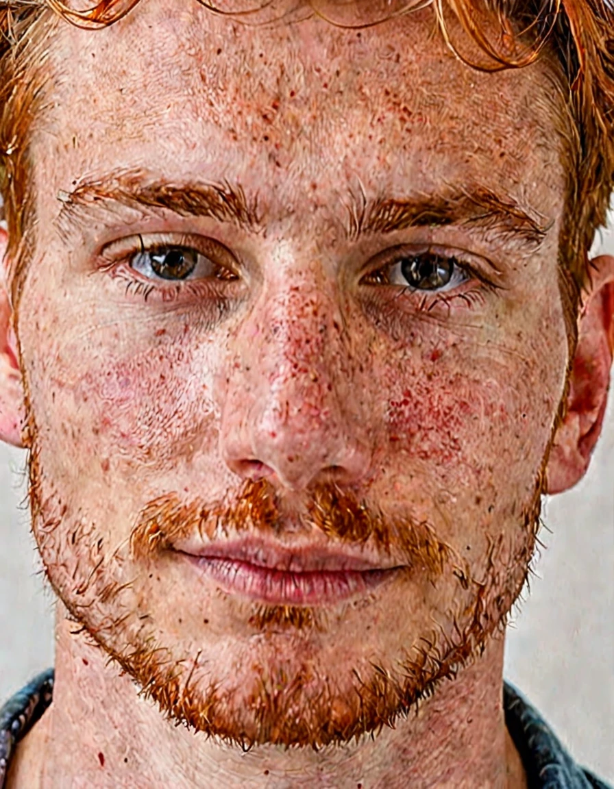 a selfie of a man, has an angular face with a strong, well-defined jawline. His skin is fair, with freckles scattered across his nose and cheeks, typical of someone with (((red hair))). His hair is a vibrant ((red)), slightly wavy and thick, cut short on the sides and a bit longer on top, where he usually styles it back or to the side. His eyebrows are thick and a darker shade of red, well-aligned and arched. His eyes are blue, with a deep and captivating hue, almond-shaped, surrounded by short, light-colored eyelashes. His gaze is penetrating and confident. His nose is straight and proportionate to his face, with a slightly elevated bridge. His lips are medium-sized, with a defined contour and a natural rosy color. When he smiles, he reveals white, well-aligned teeth, and a smile that conveys warmth and friendliness. His ears are medium-sized, slightly set away from his head, with small, discreet lobes. His skin has a smooth texture but is sensitive, prone to redness and sunburn. He usually maintains a short, well-groomed beard, the same red color as his hair, which further highlights the freckles on his face. In terms of clothing, he prefers a casual style, often wearing flannel shirts, jeans, and boots, which match his rugged and practical appearance. A thin, discreet scar crosses his left cheek, adding a touch of history and mystery to his appearance. He generally uses little or no makeup but takes good care of his skin with moisturizing products to prevent dryness