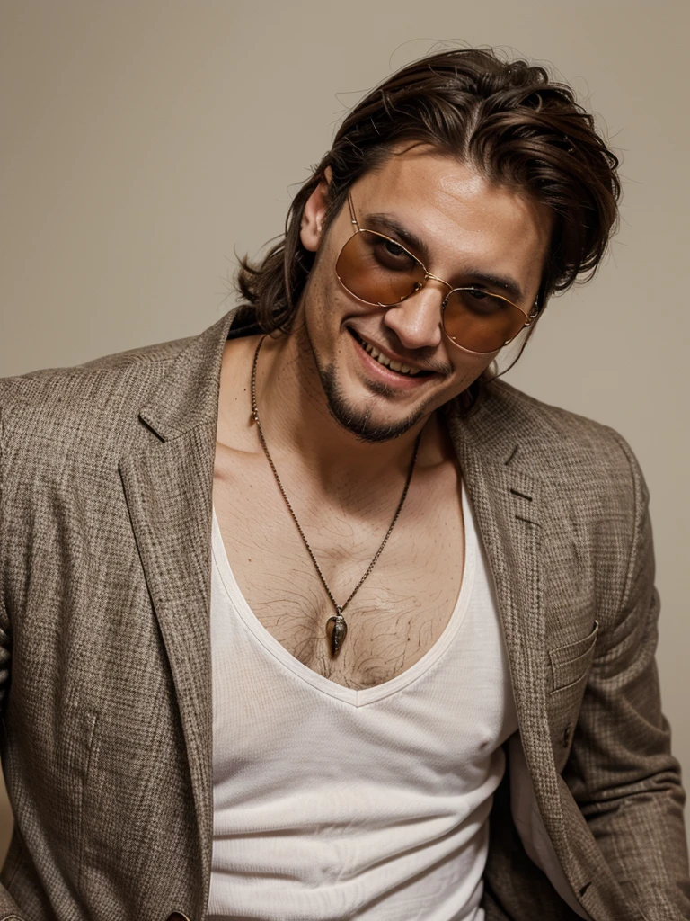 thin white man, latino, brazileiro, thirty years old, with brown hair above and below the ears, with a goatee, eyes browns, with sunglasses, Grinning, similar to the actor johnny deep, dress with suit.