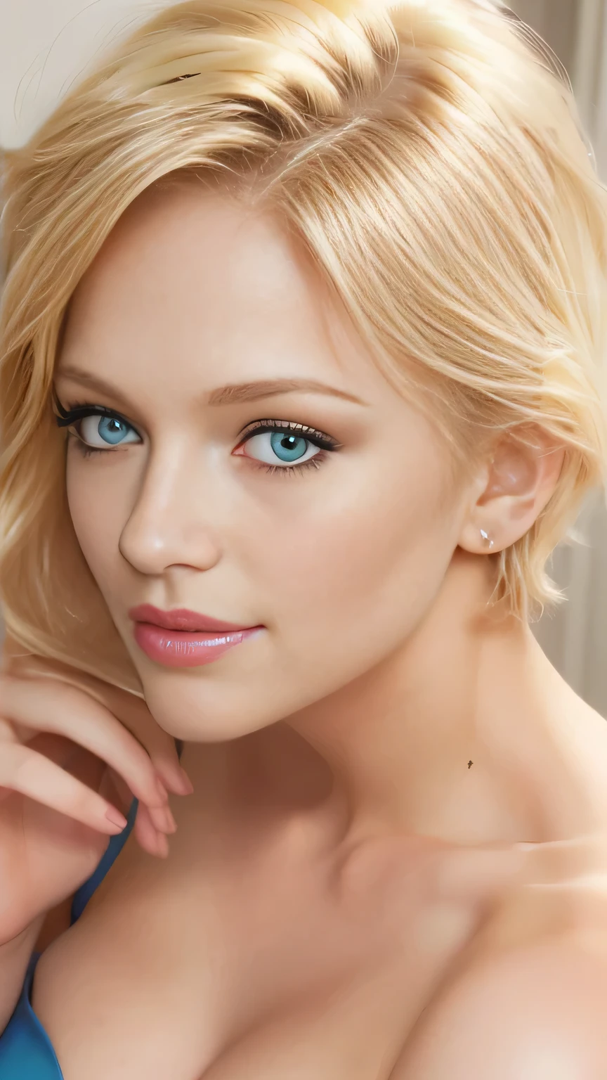 Full body image of a woman with small breasts. Short blonde hair and green eyes, short blonde hair green eyes, beautiful blonde woman, blond hair green eyes, green eyes and blond hair, beautiful blonde girl, a gorgeous blonde, blonde and attractive features, blonde hair and large eyes, blonde woman, make up, attractive female face!!!, beautiful model, jaw dropping beauty, young blonde woman. She is standing, hands in her hair. ((Wearing a low cut blue dinner dress)). Perfect, toned body, perfect figure. Cleavage, bare legs, medium height heels, beautiful legs. BBIC.
