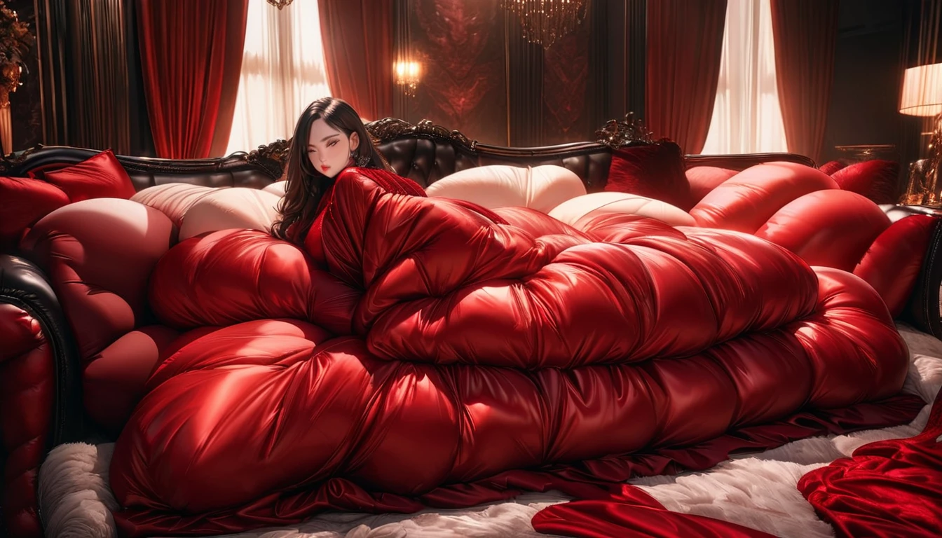 A fluffy red silk feather duvet, many huge silk body pillows, a luxurious and fluffy red silk bed, red silk sheets, 8k, best quality, high detailed, photorealistic, dramatic lighting, warm tones, luxurious, soft, plush, velvet, satin, velvety textures, elegant, sophisticated, premium, lavish, opulent, sumptuous, indulgent, exquisite, refined, lush,