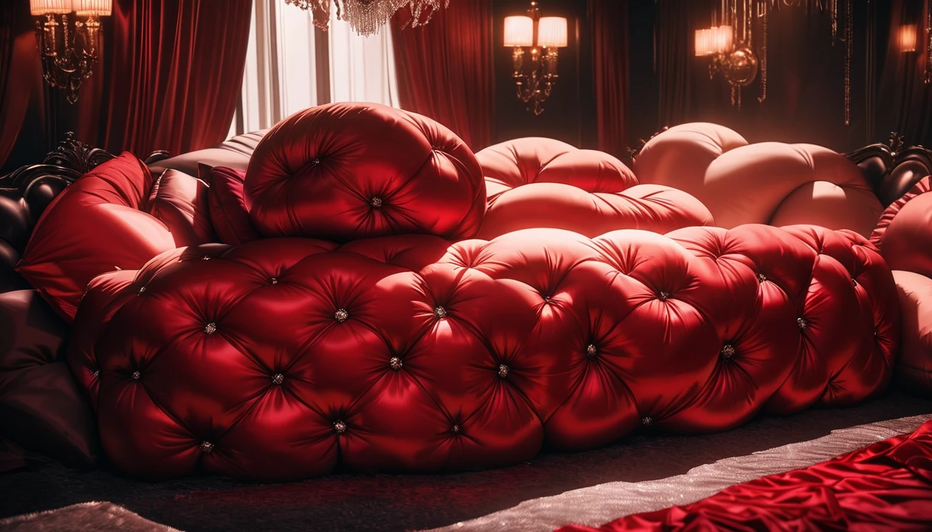 A fluffy red silk feather duvet, many huge silk body pillows, a luxurious and fluffy red silk bed, red silk sheets, 8k, best quality, high detailed, photorealistic, dramatic lighting, warm tones, luxurious, soft, plush, velvet, satin, velvety textures, elegant, sophisticated, premium, lavish, opulent, sumptuous, indulgent, exquisite, refined, lush, 