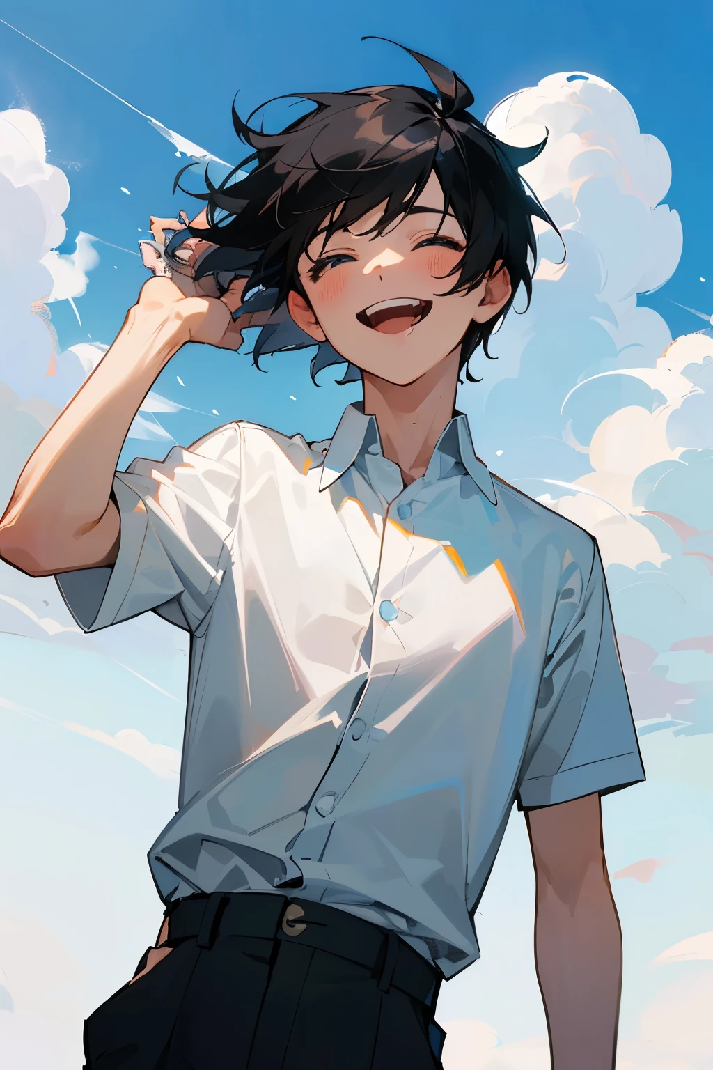 (Mastepiece), (Best Quality), Very detailed, (1 boy:1.5)，Shooting from below、Solo Shooting，Perfect Face, Beautiful Face, Very detailed顔，(Black Hair:1.3)，(short hair:1.3)、(Happy Face:1.4)，(Laughing with your mouth open:1.3)，(White shirt:1.4)、(Hair blowing in the wind:1.4)，The atmosphere that seems to disappear，(blue sky_cumulonimbus)、summer、ephemeral、Sweat