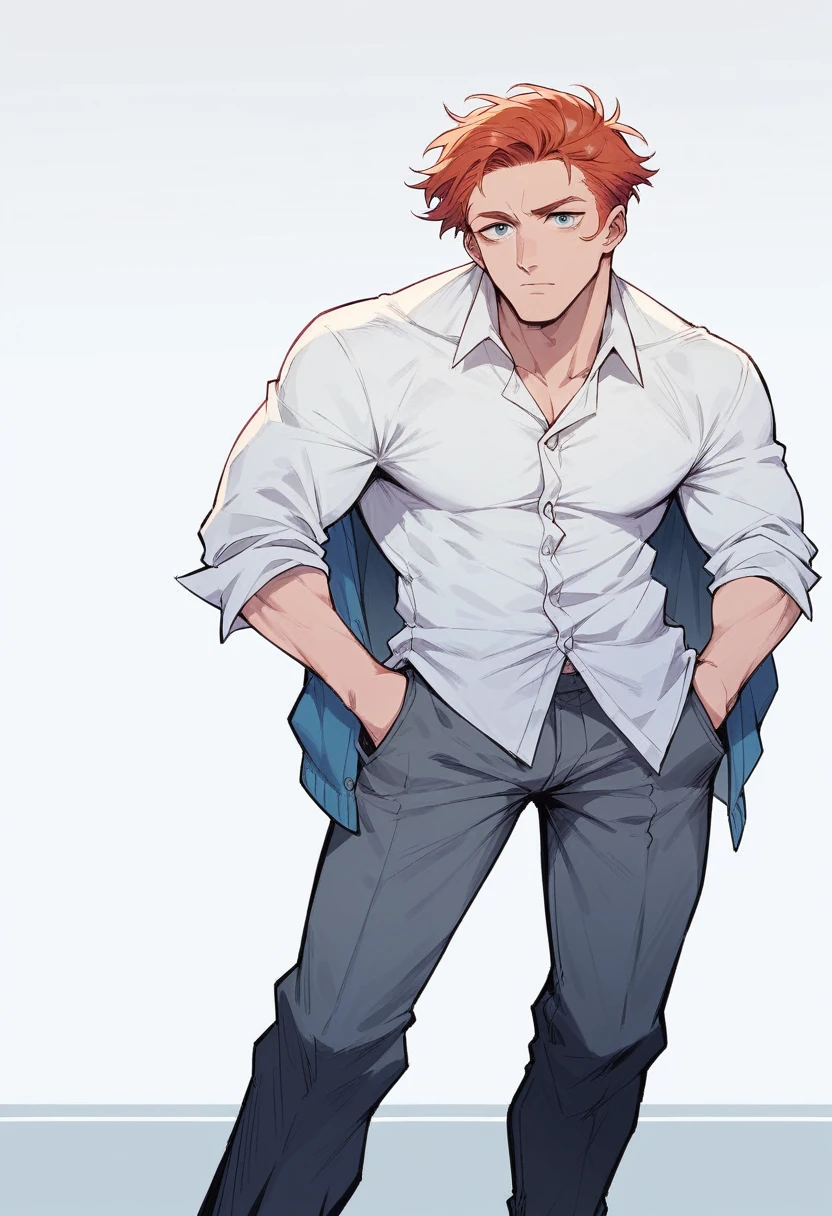 One man,whole body,Redhead,Short Hair,Standing with your legs apart,Grey trousers,White shirt,Navy blue cardigan
