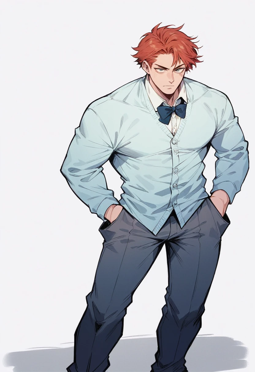 One man,whole body,Redhead,Short Hair,Standing with your legs apart,Grey trousers,White shirt,Navy blue cardigan