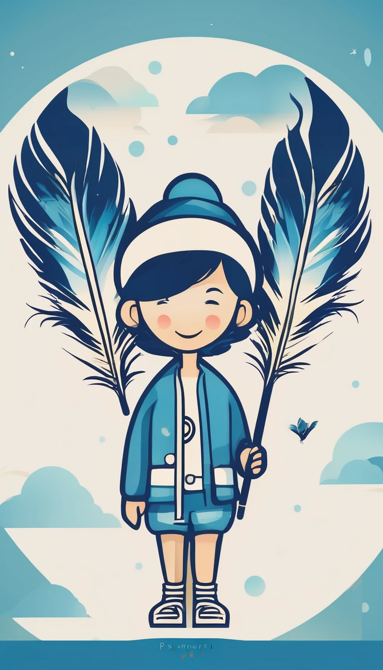 Create a minimal, modern, simple, inspirational, memorable, dream like icon design of a boy and a feather for the brand“Penamemoria".