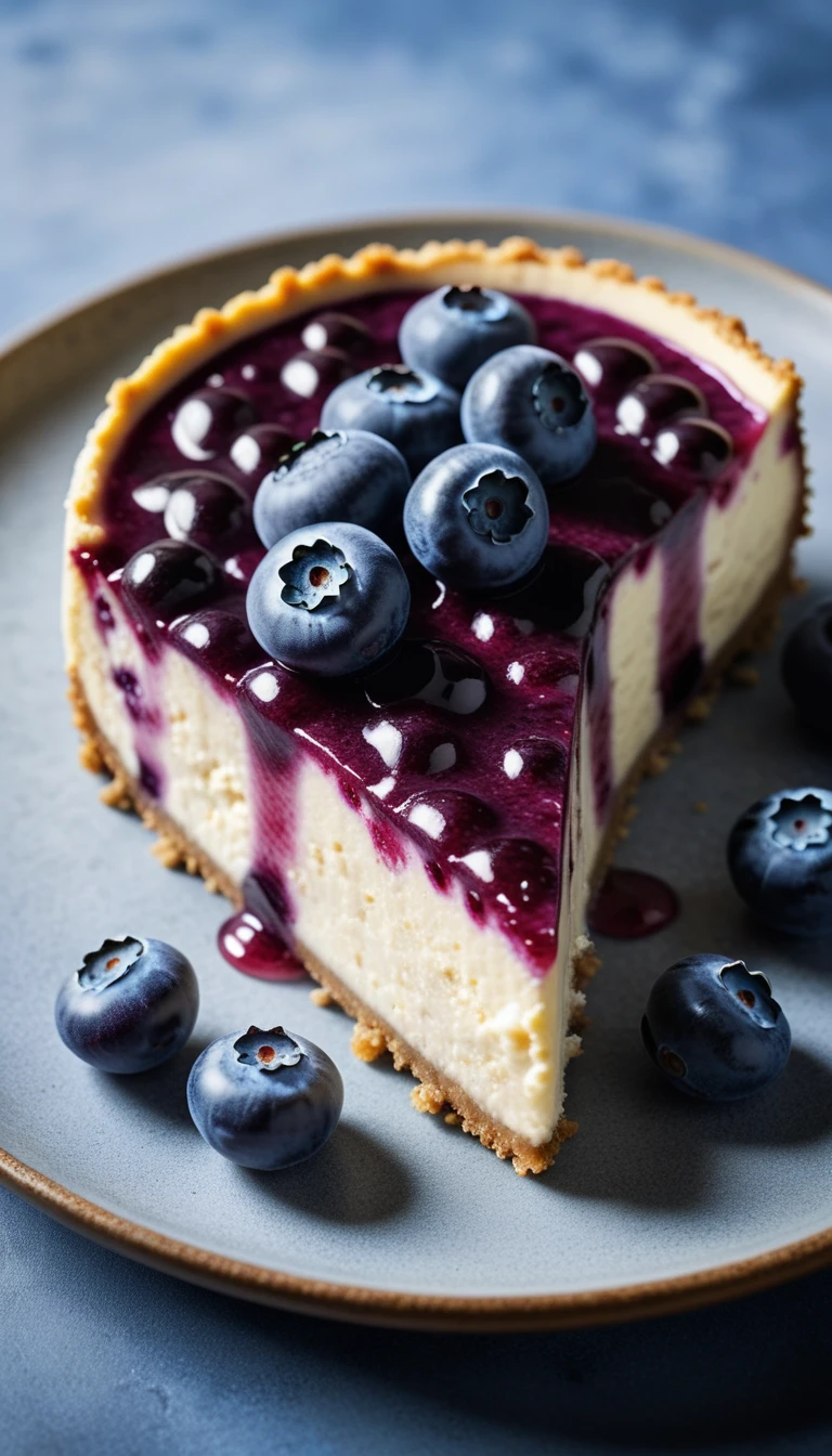 Documentary RAW Photography,a Blueberry Cheesecake, highlighting its exquisite, lacy texture and impeccable balance. The composition should evoke an irresistible urge to taste, with every detail crafted to inspire both amateur and seasoned cooks, (sharpness in detail:1.1), masterpiece, 35mm photograph, (iconic photograph:1.4), (visual storytelling:1.2), film grain, award winning photography,vibrant use of light and shadow, high quality textures of materials, volumetric textures perfect composition, dynamic play of light, rich colors, epic shot, perfectly quality, natural textures,high detail, photoshadow, (natural colors, correct white balance, color correction, dehaze),(intricate detailed), 8k