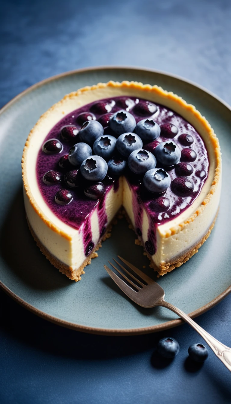 Documentary RAW Photography,a Blueberry Cheesecake, highlighting its exquisite, lacy texture and impeccable balance. The composition should evoke an irresistible urge to taste, with every detail crafted to inspire both amateur and seasoned cooks, (sharpness in detail:1.1), masterpiece, 35mm photograph, (iconic photograph:1.4), (visual storytelling:1.2), film grain, award winning photography,vibrant use of light and shadow, high quality textures of materials, volumetric textures  perfect composition, dynamic play of light, rich colors, epic shot, perfectly quality, natural textures,high detail, photoshadow, (natural colors, correct white balance, color correction, dehaze),(intricate detailed), 8k