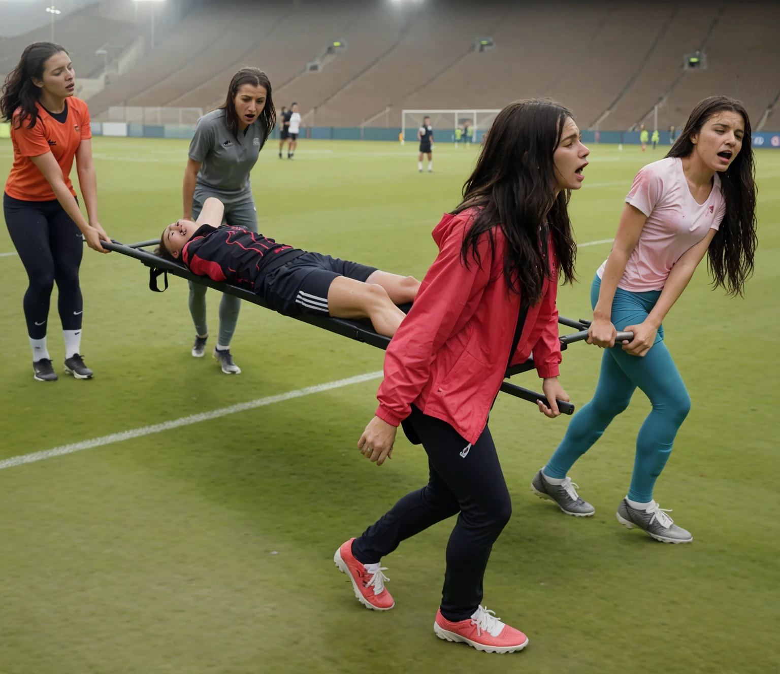 a soccer scene in a sports stadium, cool and wet weather conditions, humide ground, rainy sky, injury scene in a sports stadium, stretcher carry, there are four female medics carrying a stretcher, there are four female medics in very shiny coats who are carrying a stretcher in a sports stadium, there is a wounded male soccer player in a matte short cotton sports outfit lying on the stretcher, an injured male soccer player in matte cotton sportswear is lying in pain on a stretcher, a soccer player in matte cotton sports clothes is rearing up in intense pain while lying on a stretcher, dramatic scene, theatralic posing scene, dramatic pity scene, injury soccer, first aid, help, pity, there are four female medics in wetlook high-shine coats who are looking very sad and very terrified and very shocked, the injured soccer player is screaming out in pain while he is carried from the pitch on a stretcher 