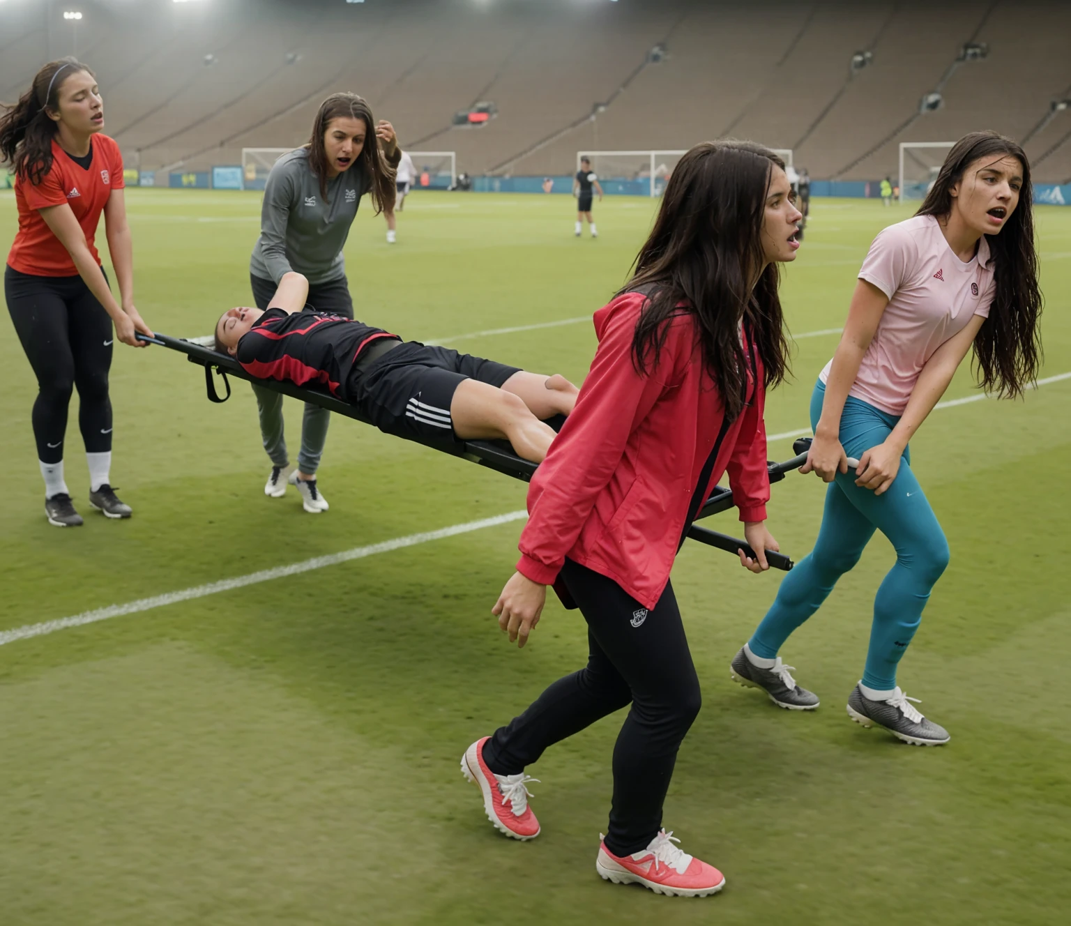 a soccer scene in a sports stadium, cool and wet weather conditions, humide ground, rainy sky, injury scene in a sports stadium, stretcher carry, there are four female medics carrying a stretcher, there are four female medics in very shiny coats who are carrying a stretcher in a sports stadium, there is a wounded male soccer player in a matte short cotton sports outfit lying on the stretcher, an injured male soccer player in matte cotton sportswear is lying in pain on a stretcher, a soccer player in matte cotton sports clothes is rearing up in intense pain while lying on a stretcher, dramatic scene, theatralic posing scene, dramatic pity scene, injury soccer, first aid, help, pity, there are four female medics in wetlook high-shine coats who are looking very sad and very terrified and very shocked, the injured soccer player is screaming out in pain while he is carried from the pitch on a stretcher