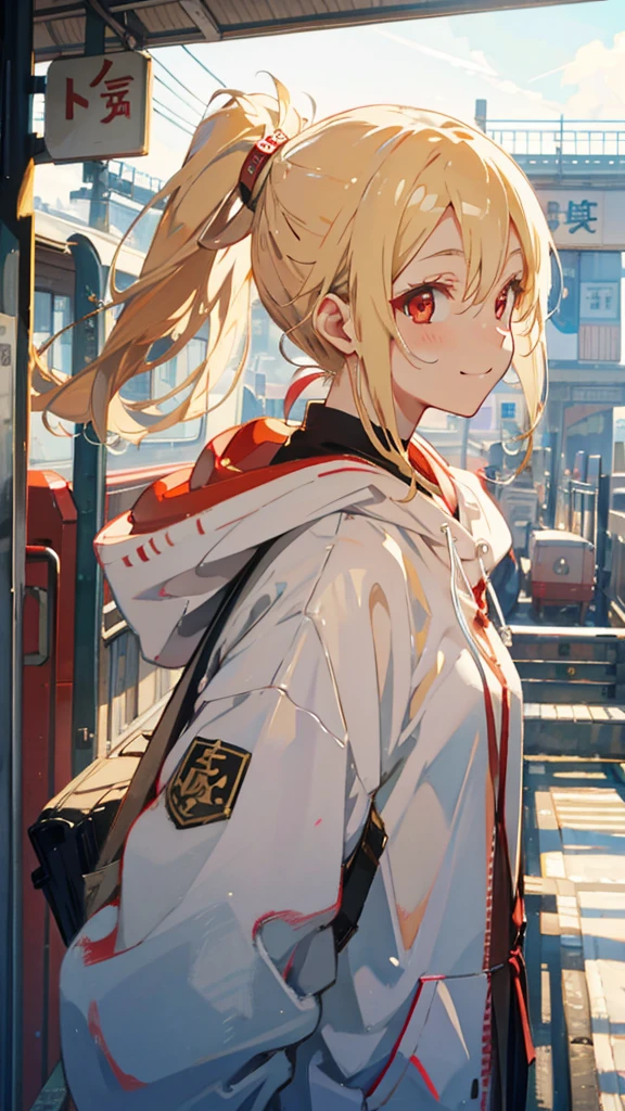 1 Girl、Anime style painting、Blonde、Red eyes、ponytail、smile、Upper body close-up、From the side、Wearing a white hoodie、Railway station background