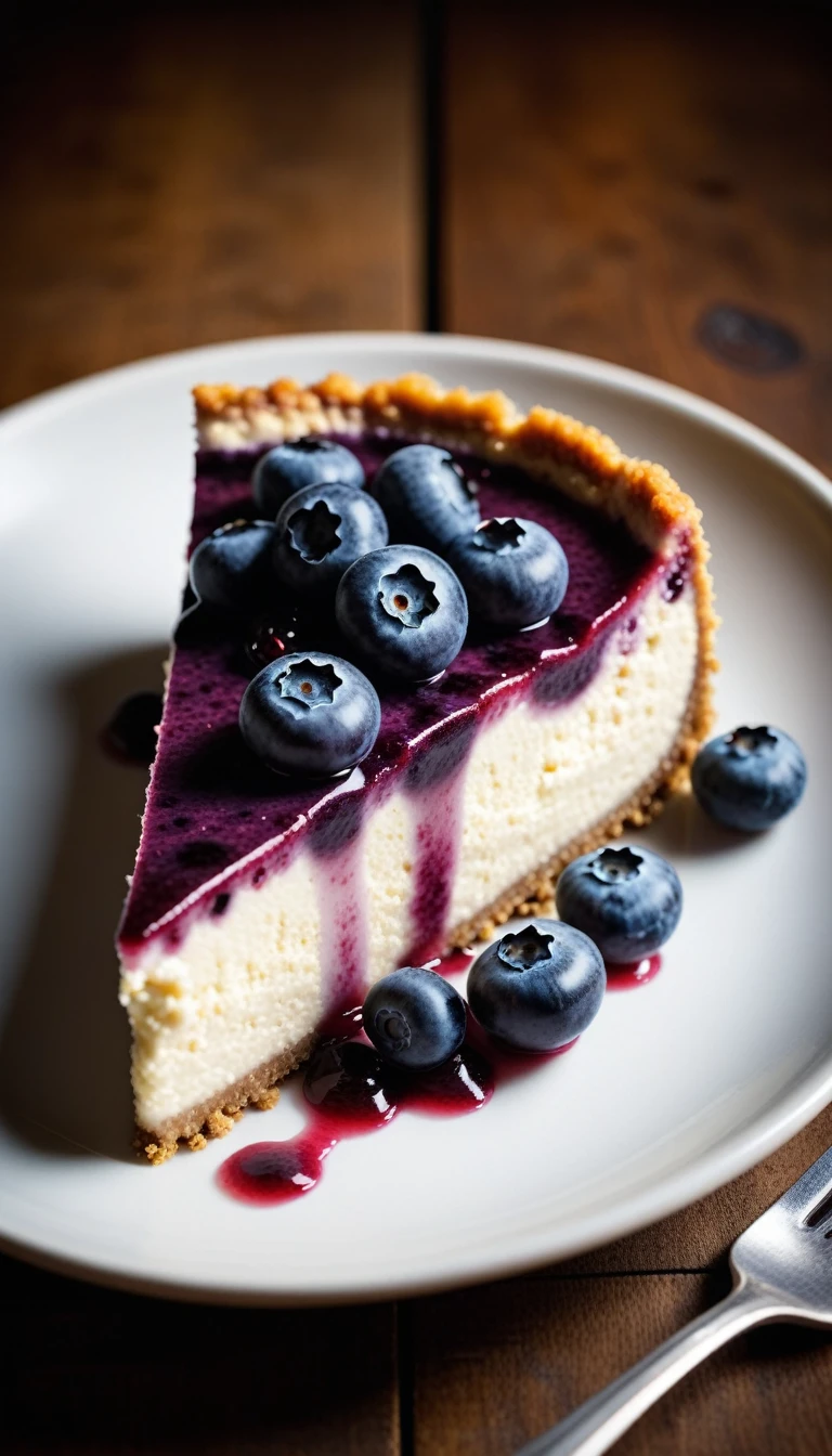 Documentary RAW Photography,a Blueberry Cheesecake, highlighting its exquisite, lacy texture and impeccable balance. The composition should evoke an irresistible urge to taste, with every detail crafted to inspire both amateur and seasoned cooks, (sharpness in detail:1.1), masterpiece, 35mm photograph, (iconic photograph:1.4), (visual storytelling:1.2), film grain, award winning photography,vibrant use of light and shadow, high quality textures of materials, volumetric textures perfect composition, dynamic play of light, rich colors, epic shot, perfectly quality, natural textures,high detail, photoshadow, (natural colors, correct white balance, color correction, dehaze),(intricate detailed), 8k