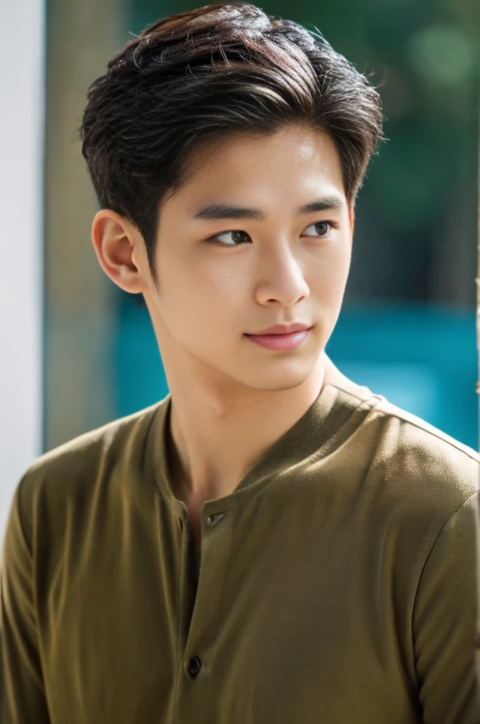 male handsome 20-year-old handsome guy,looking to the camera,frontage,high qulity,tmasterpiece,8K.4K,1080P,Light-sensitive, ยิ้ม, ,มุมกว้าง สวมเสื้อโปโลสีดำ