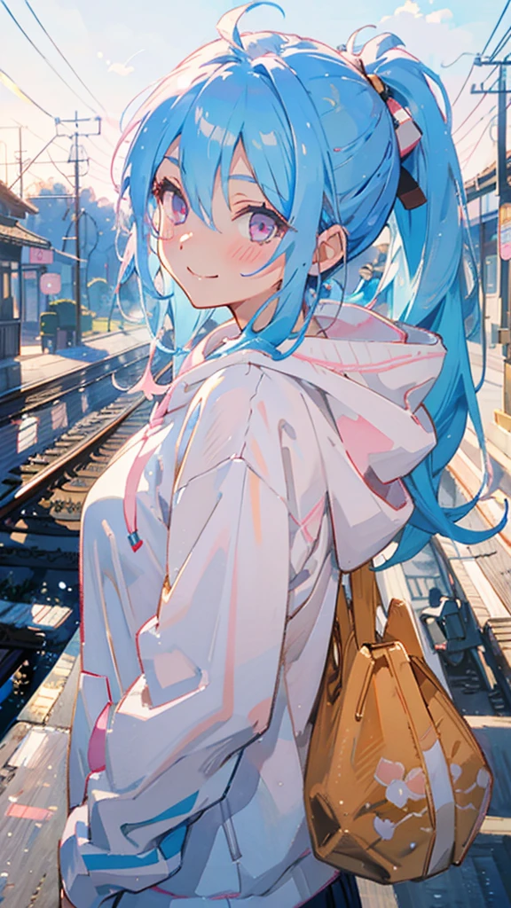 1 Girl、Anime style painting、Light blue hair、Pink Eyes、smile、blush、Small breasts、From the side、A lot of acorns、smile、Upper body close-up、From the side、Wearing a white hoodie、Railway station background